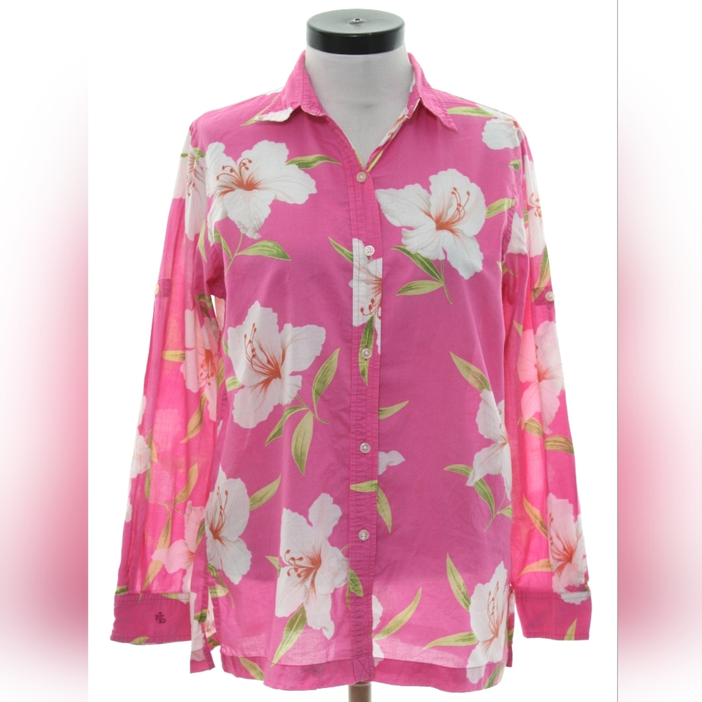 LAUREN Ralph Lauren Womens Pink Tropical Floral Hawaiian Button Down